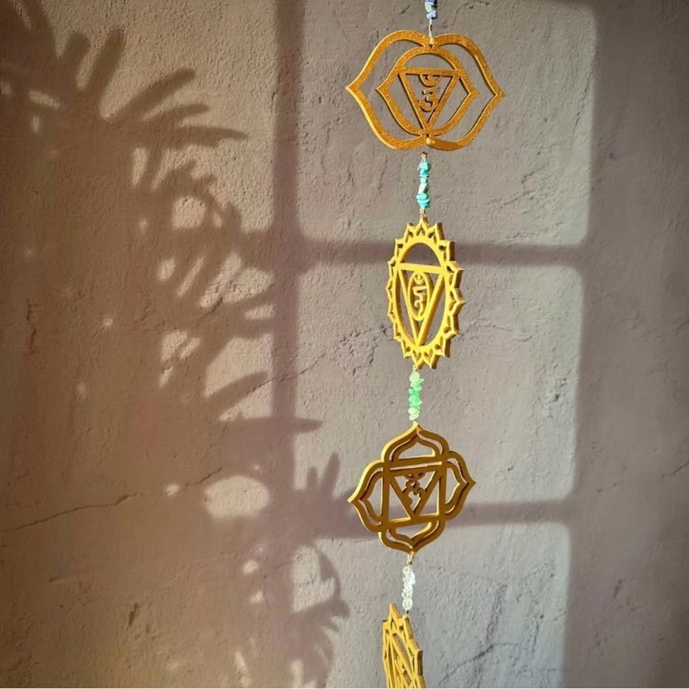 Gold Wooden Chakra Wall Hanging with Crystal Chip Accents